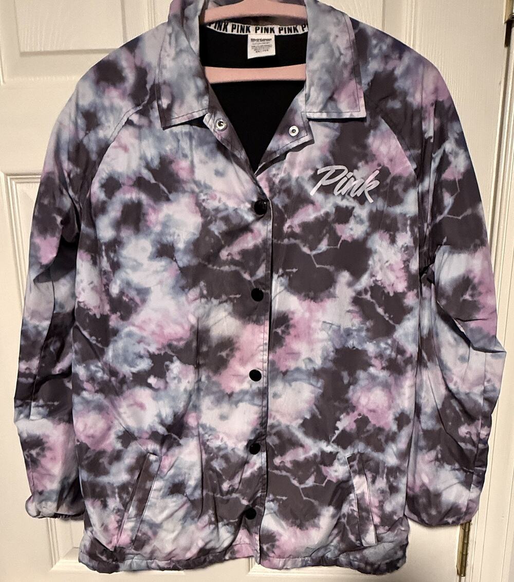Victoria's Secret Pink Windbreaker Snap Button Coat Jacket Tye Dye Purple Sz Sm